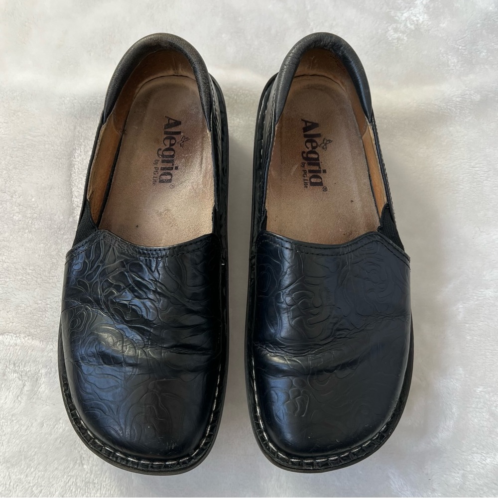 Alegria Debra Black Leather Embossed Rose Professional Slip-on Shoes EU 38
